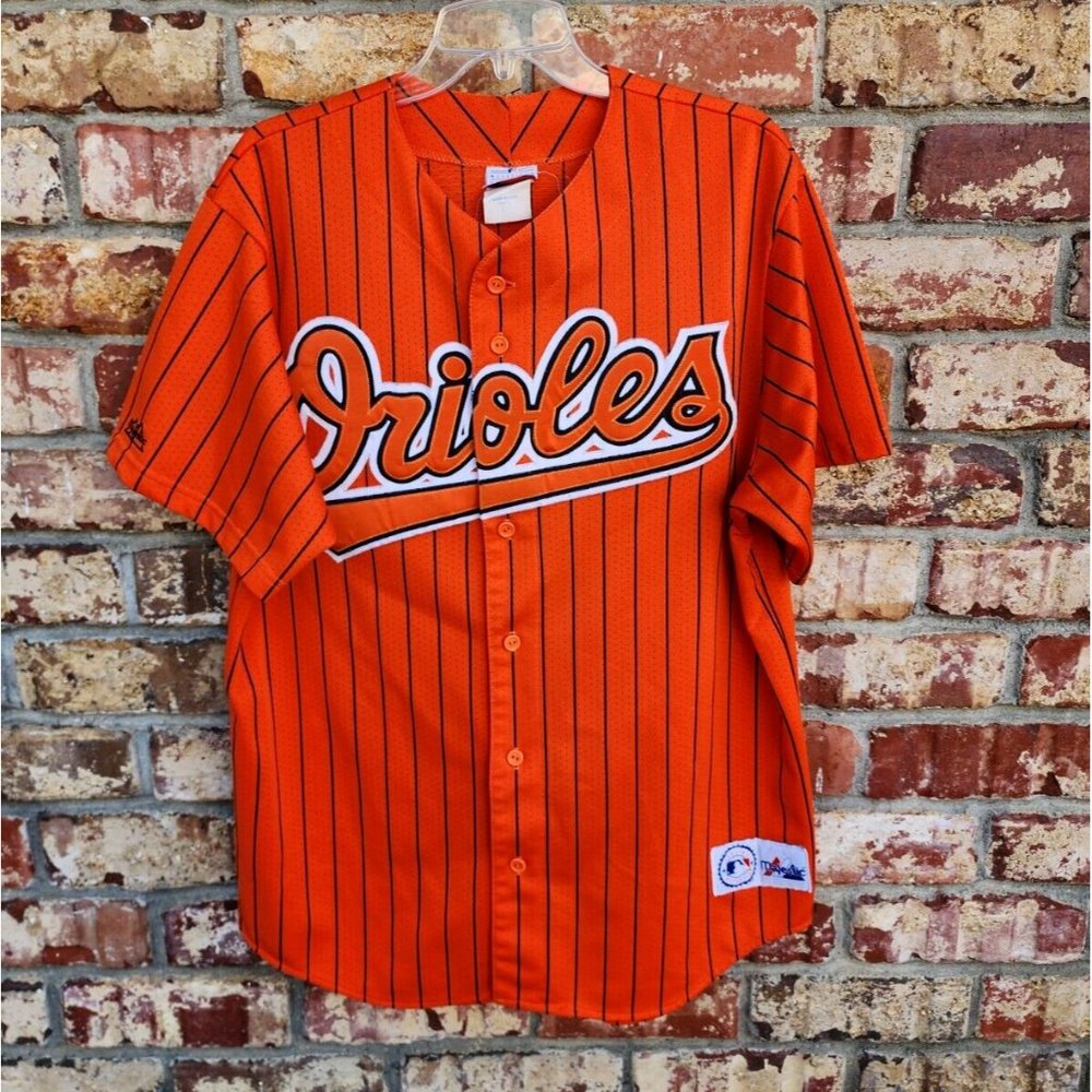Vtg Baltimore Orioles size large pinstripe patch orange majestic jersey USA EUC